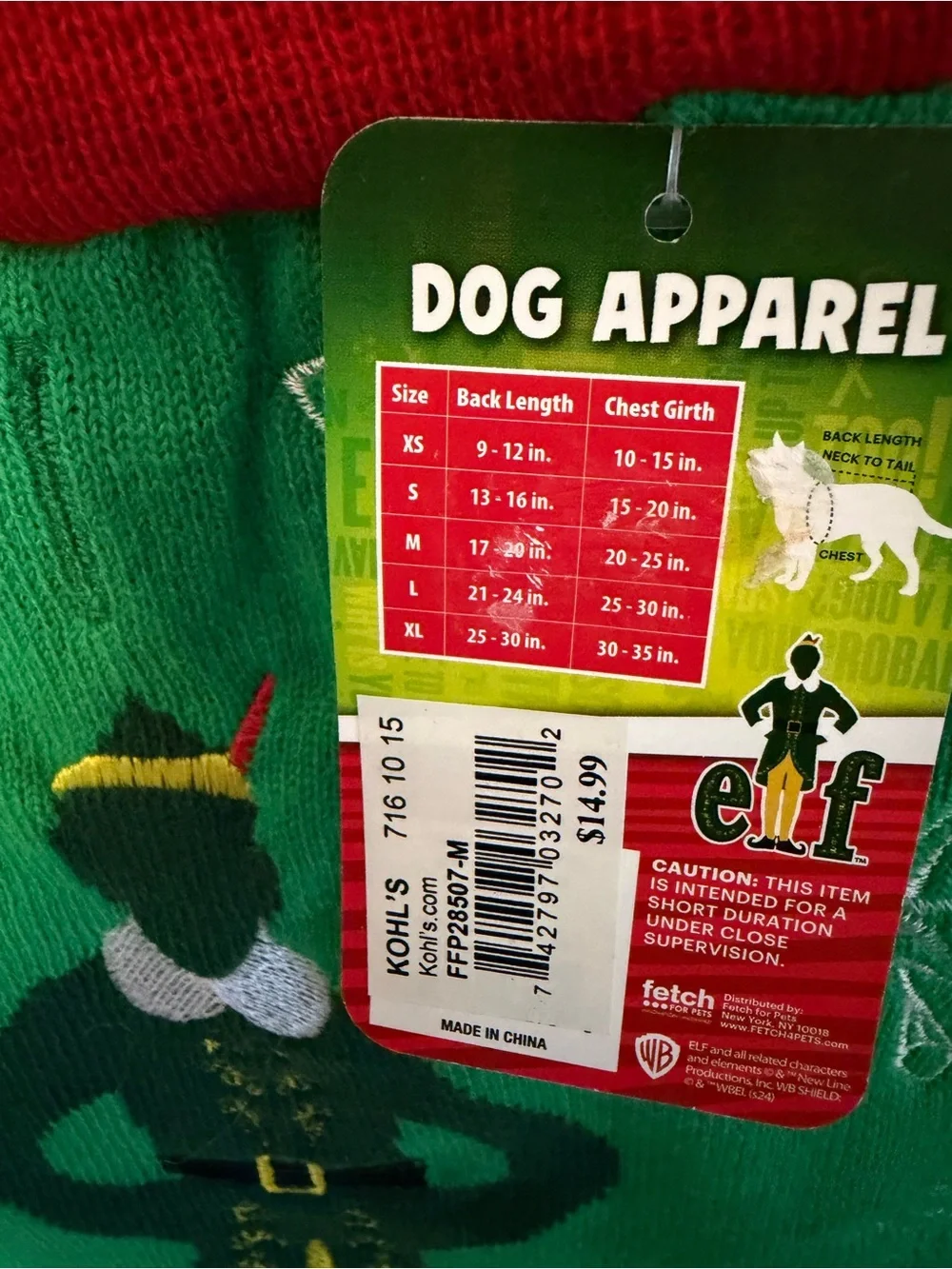 ELF Green and Red Festive Knit Dog Sweater with Elf Graphic
